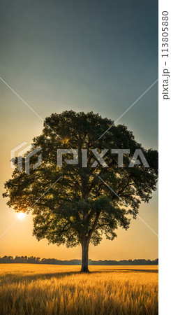 Bright sunlight over serene landscape, minimalistic scenery with single tree Bright sunlight over serene landscape, minimalistic scenery with single tree 113805880
