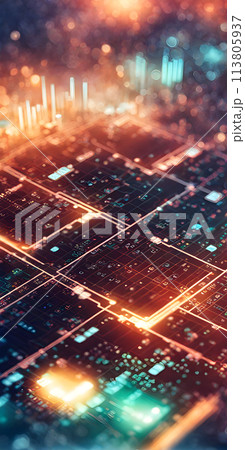An abstract composition featuring financial technology elements with soft-focused bokeh and selective elements 113805937