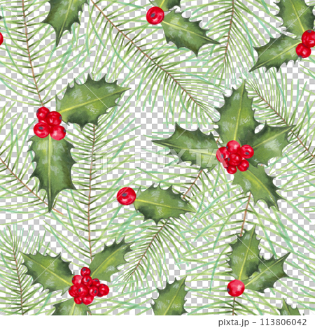 Christmas seamless pattern of holly berries with leaves and evergreen pine, fir branch. Watercolor, marker botanical illustration. Hand drawn isolated art. Winter festive background for the New Year. Christmas seamless pattern of holly berries with leaves and evergreen pine, fir branch. Watercolor, marker botanical illustration. Hand drawn isolated art. Winter festive background for the New Year. 113806042