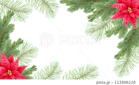 Christmas horizontal frame with poinsettia flower, pine, fir branches and place for text. Hand drawn isolated art. Watercolor and marker botanical illustration. Background for festive decoration 113806220