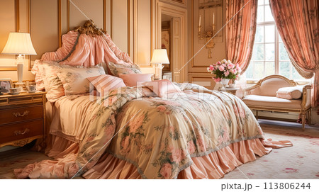 Bedroom decor, interior design and autumnal home decor, bed with silk satin bedding, bespoke furniture and autumn decoration, English country house, holiday rental and cottage style 113806244