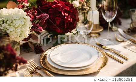 Wedding or formal dinner holiday celebration tablescape with hydrangea flowers in the English countryside garden, table setting and wine, floral table decor for family dinner party, home styling Wedding or formal dinner holiday celebration tablescape with hydrangea flowers in the English countryside garden, table setting and wine, floral table decor for family dinner party, home styling 113806281