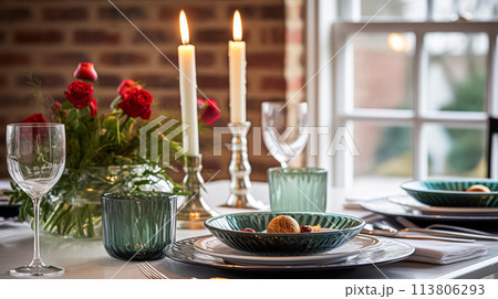 Christmas holiday family breakfast, table setting decor and festive tablescape, English country and home styling Christmas holiday family breakfast, table setting decor and festive tablescape, English country and home styling 113806293