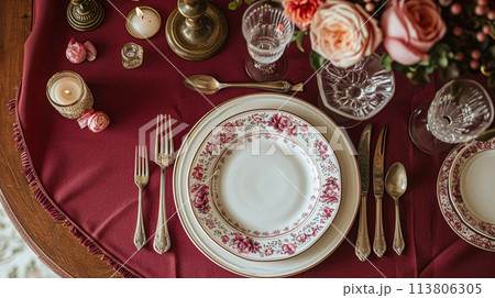Valentines day tablescape and table decor, romantic table setting with flowers, formal dinner and date, beautiful cutlery and tableware 113806305