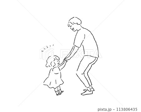 手を繋いだ親子、男性（父親）と小さい女の子、線画 113806435