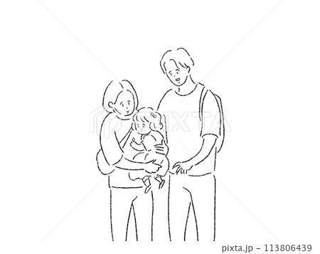 小さい女の子(子供)をだっこする女性(お母さん)とお父さん(男性)、線画 小さい女の子(子供)をだっこする女性(お母さん)とお父さん(男性)、線画 113806439