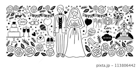 ウエディング 花に囲まれた新郎新婦のイラスト 線画 ウエディング 花に囲まれた新郎新婦のイラスト 線画 113806442