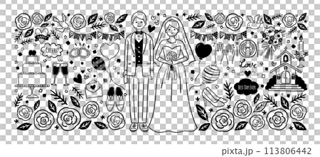 ウエディング 花に囲まれた新郎新婦のイラスト 線画 ウエディング 花に囲まれた新郎新婦のイラスト 線画 113806442