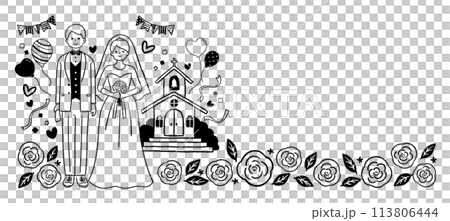 新娘和新郎在教堂前排隊的婚禮插圖線畫 113806444