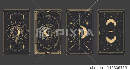Tarot reverce border magic sacred cover card frame gold line border celelstial mystery esoteric decoration with stars and moon on dark background. Tarot reverce border magic sacred cover card frame gold line border celelstial mystery esoteric decoration with stars and moon on dark background. 113806526
