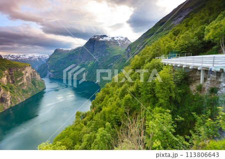 View on Geirangerfjord from Flydasjuvet viewpoint Norway View on Geirangerfjord from Flydasjuvet viewpoint Norway 113806643