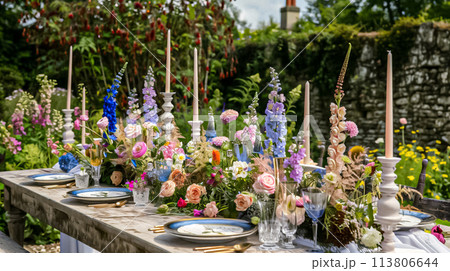 Wedding decoration in the cottage, floral country wedding decor, cake and event celebration, English countryside style Wedding decoration in the cottage, floral country wedding decor, cake and event celebration, English countryside style 113806644