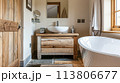 Cotswolds cottage style bathroom decor, interior design and home decor, bathtub and bathroom furniture, English countryside house 113806677