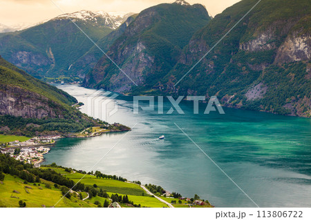 View of the fjords at Stegastein viewpoint in Norway View of the fjords at Stegastein viewpoint in Norway 113806722