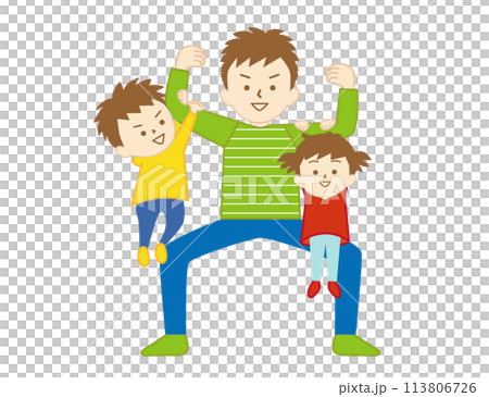 お父さんの腕にぶら下がる男の子と女の子 113806726