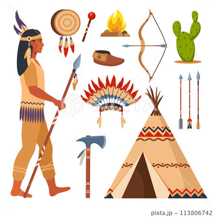 Native american indians and traditional clothes set, weapons and cultural symbols. bow, arrows, tambourine, wigwam, moccasins, tomahawk, peace pipe. 113806742