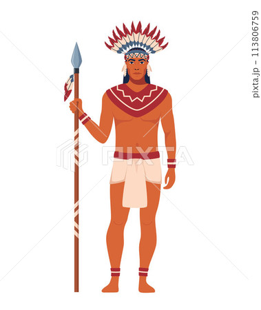 Native american indian in traditional indian clothing with a spear. Native american indian in traditional indian clothing with a spear. 113806759