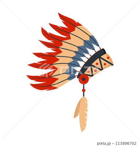 Chiefs War Bonnet With Feathers, Native American Indian Culture Symbol, Ethnic Object From North America. 113806782
