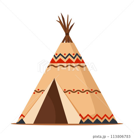 Teepee, lodge or wigwam. Traditional camp, tent style handmade home for indigenous people, Native Americans. Teepee, lodge or wigwam. Traditional camp, tent style handmade home for indigenous people, Native Americans. 113806783
