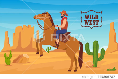 Desert landscape with cowboy on horse, mountains, cactuses. Wild West Texas in flat style. Western scene. Wild West Arizona. Vector illustration. 113806787