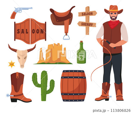 Wild West icons, set. Western and cowboy elements. Signboard, saloon door, wanted poster, sheriff badge, cactus, cow skull, cowboy hat, revolver, wagon. Texas symbols. Vector illustration. 113806826