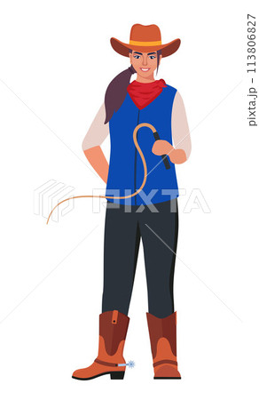 Portrait of happy smiling cowboy in hat standing in retro western outfit. American woman from wild west with whip in hand. Flat vector illustration isolated on white background. 113806827