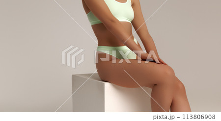 Tanned woman, perfect body shape. Fitness, weight 113806908