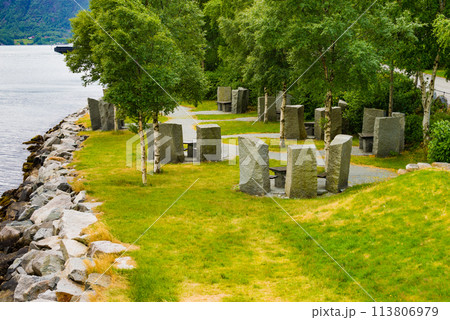 Rest stop area picnic site on fjord shore 113806979