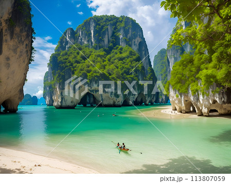 aerial view of beautiful tropical beach and sea with coconut palm tree aerial view of beautiful tropical beach and sea with coconut palm tree 113807059
