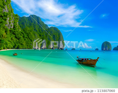 beautiful tropical beach sea and sand with coconut palm tree on blue sky and white cloud 113807060