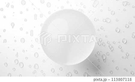 水滴のついた白背景に透明の美しい球体。3D(横長) 水滴のついた白背景に透明の美しい球体。3D(横長) 113807118