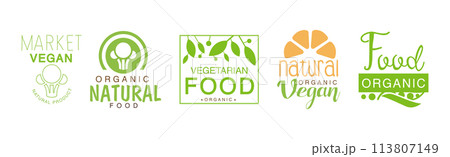 Green Vegan Organic Natural Food Label Vector Set Green Vegan Organic Natural Food Label Vector Set 113807149