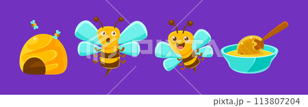 Funny Honey Bee Character Produce Nectar Vector Set Funny Honey Bee Character Produce Nectar Vector Set 113807204