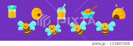 Funny Honey Bee Character Produce Nectar Vector Set 113807208