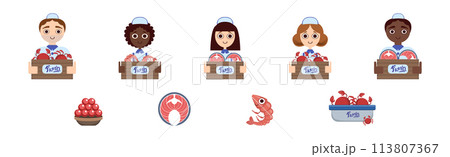 Seafood Market Design Flat Element with Fresh Marine Product and Seller Vector Set 113807367