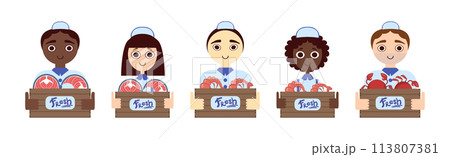 Seafood Market Design Flat Element with Man and Woman Sell Fresh Marine Product Vector Set. Seafood Market Design Flat Element with Man and Woman Sell Fresh Marine Product Vector Set. 113807381