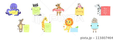 Funny Animal Character Holding Banner or Placard Vector Set 113807464