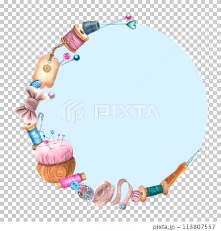 Semicircular composition with a pincushion, tape measure, bow, label, threads. Hand drawn watercolor illustration isolated on colored background. Template for greeting cards, logos for seamstress. Semicircular composition with a pincushion, tape measure, bow, label, threads. Hand drawn watercolor illustration isolated on colored background. Template for greeting cards, logos for seamstress. 113807557
