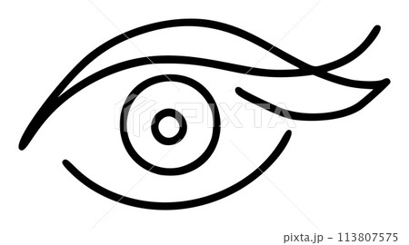 Hand drawn eye icon in simple doodle style. Open black eye with lines. Monochrome design 113807575