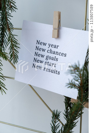 Dream board with message NEW YEAR CHANCES GOALS START RESULTS with fir branches. Happy new year resolutions concept. Visualizing creating vision board. Achievement 113807589