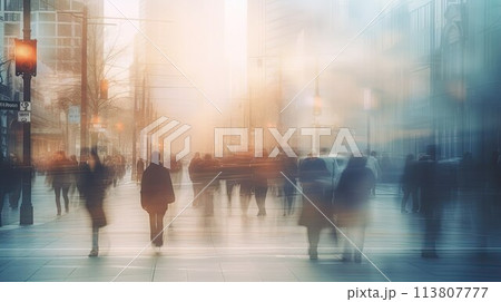Blurred people walking down a city street. Concept of fast modern life. Human crowd in moves in dynamics 113807777