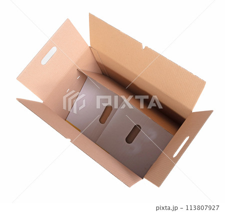 Foldable cardboard box used for storage moving or shipping purposes isolated 113807927
