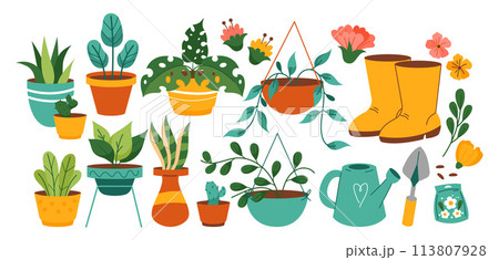 Hand drawn flower and plants collection set with gardening tools 113807928