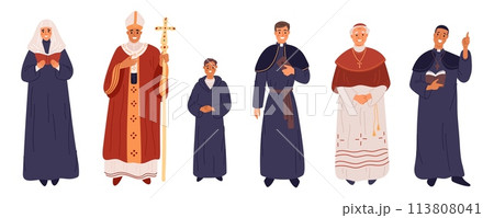 Cartoon catholic church characters. Religion clergy. Ecclesiastics in ceremonial clothes. Different religious ranks. Monks and priests. Christian worship. Clergymen garish vector set 113808041