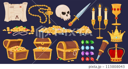 Cartoon pirate trophies. Treasure in wooden chests. Golden coins. Human skull. Antique sword and spyglass. Jewel crown. Medieval box. Gemstones heap. Fabulous wealth. Recent vector set 113808043