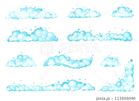 Cartoon soap foam. Blue bubbles in flat style. Bath shampoo balls. Different borders. Shower gel or antibacterial detergent suds. Soapy toiletry. Cosmetic mousse. Vector froth elements set 113808046