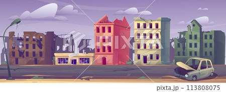 Damaged city landscape. Panorama of town ruin. Abandoned buildings with fissures. Post apocalyptic cityscape. Broken houses. Warzone architecture. Earthquake destruction. Vector concept 113808075