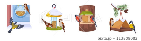 Feeders with birds. Sparrows, tits and bullfinches peck at grain. Different birdhouse shapes hanging containers and boxes with food. Animal shelters. Park birdwatching. Recent vector set Feeders with birds. Sparrows, tits and bullfinches peck at grain. Different birdhouse shapes hanging containers and boxes with food. Animal shelters. Park birdwatching. Recent vector set 113808082