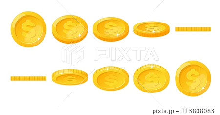 Gold coin animation. Money icon flip and rotate on horizontal axis. Golden cash. Round dollar. Mobile games and apps element. Currency token turn and fall process. Vector financial set Gold coin animation. Money icon flip and rotate on horizontal axis. Golden cash. Round dollar. Mobile games and apps element. Currency token turn and fall process. Vector financial set 113808083