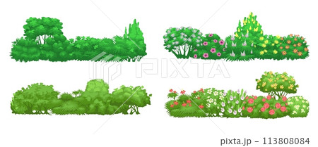 Green garden hedge. Cartoon bush borders. Blooming plant composition. Natural flowering shrubs. Shrubbery trees. Foliage leaves. Decorative botanical landscape elements. Splendid vector set Green garden hedge. Cartoon bush borders. Blooming plant composition. Natural flowering shrubs. Shrubbery trees. Foliage leaves. Decorative botanical landscape elements. Splendid vector set 113808084